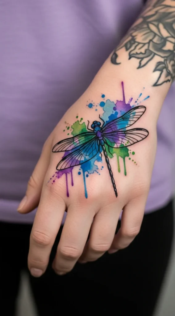 Dragonfly with Watercolor Splash on Hand