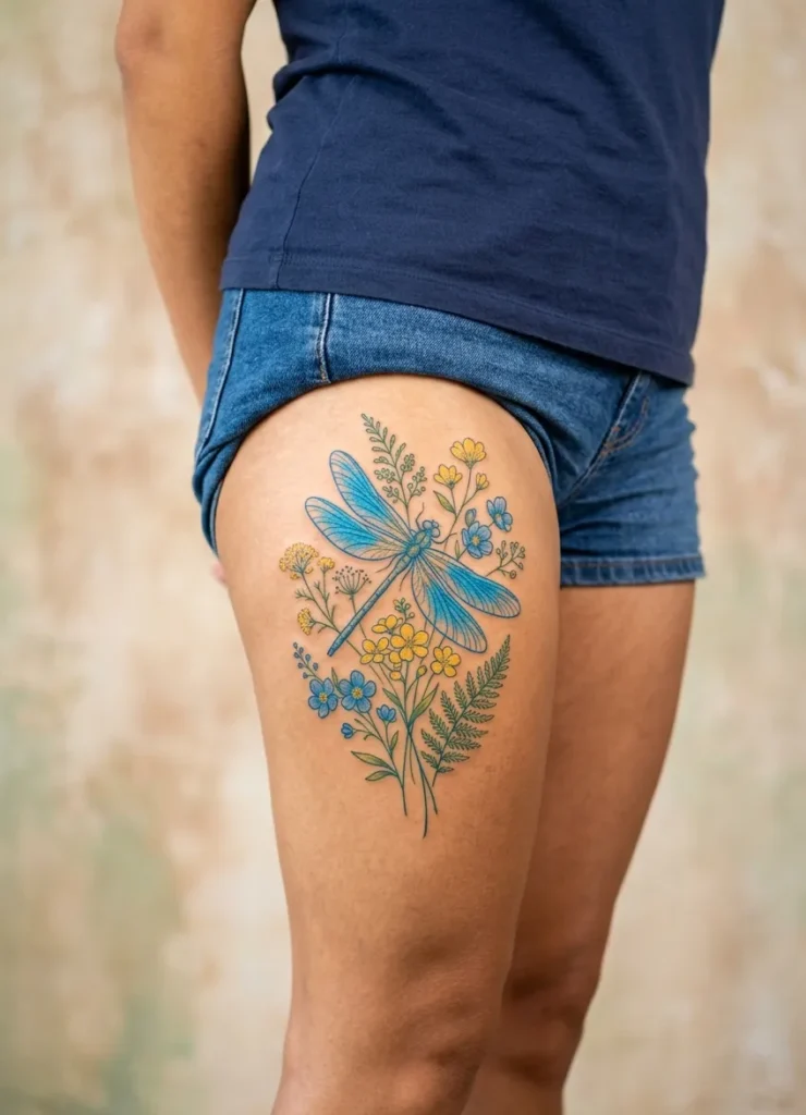 Dragonfly with Wildflower Botanical Tattoo