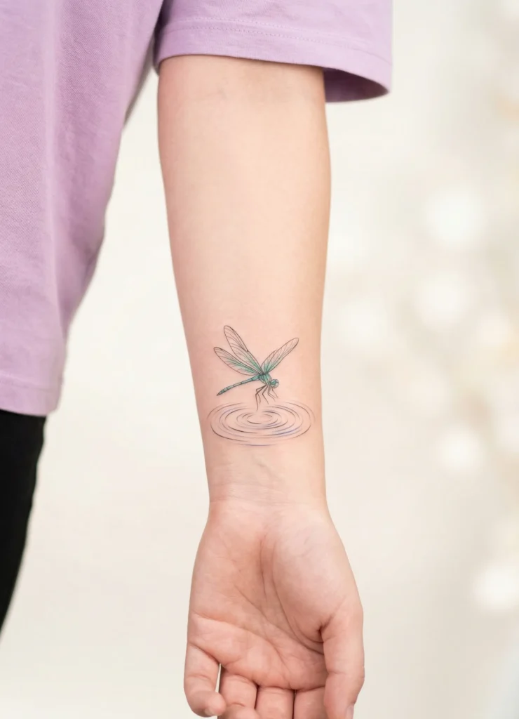 Fine Line Dragonfly with Water Ripple Tattoo