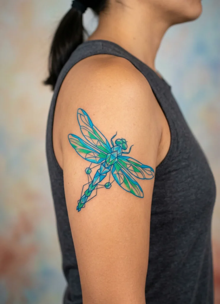 Geometric Dragonfly in Flight Tattoo
