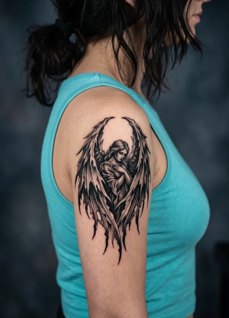 Gothic Dark Angel with Heavy Shading Wings