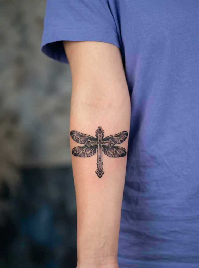 Gothic Dragonfly with Cross Symbol Detail