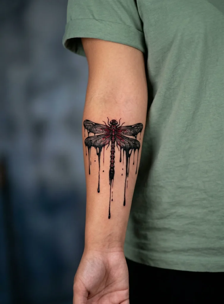 Gothic Dragonfly with Dripping Ink Effect