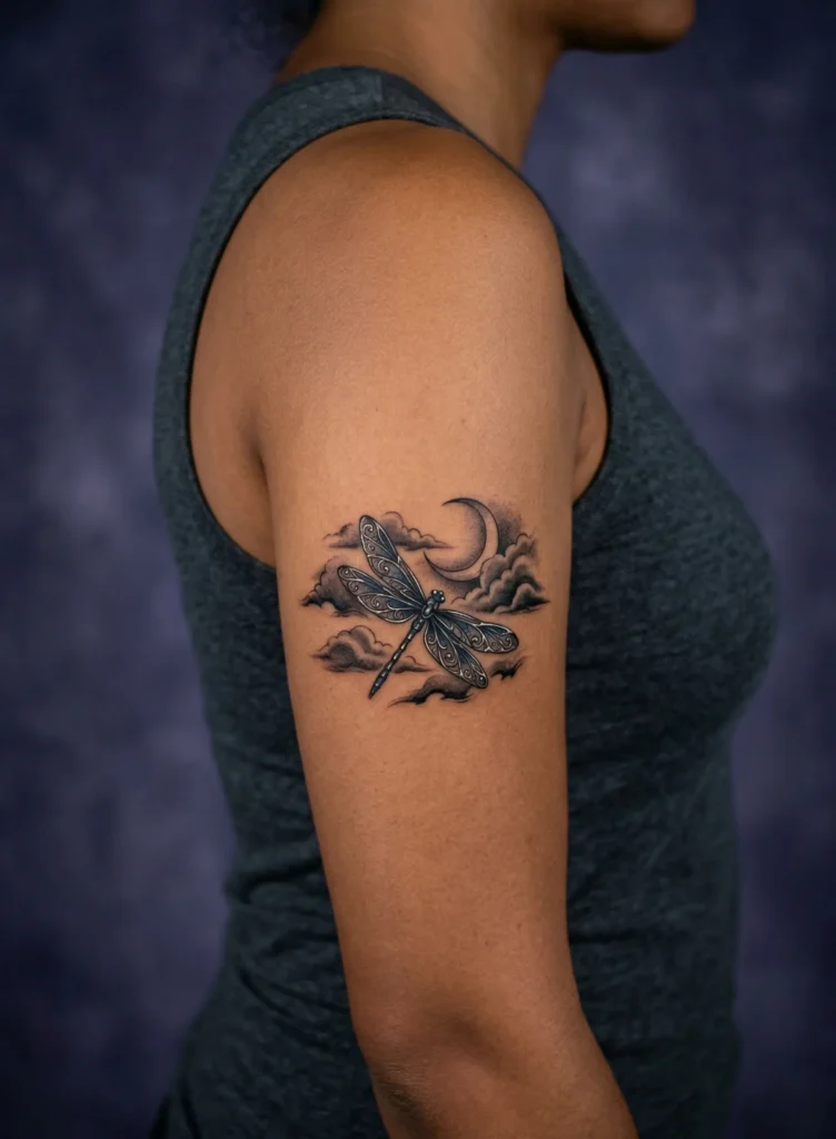 Gothic Dragonfly with Moon and Dark Clouds