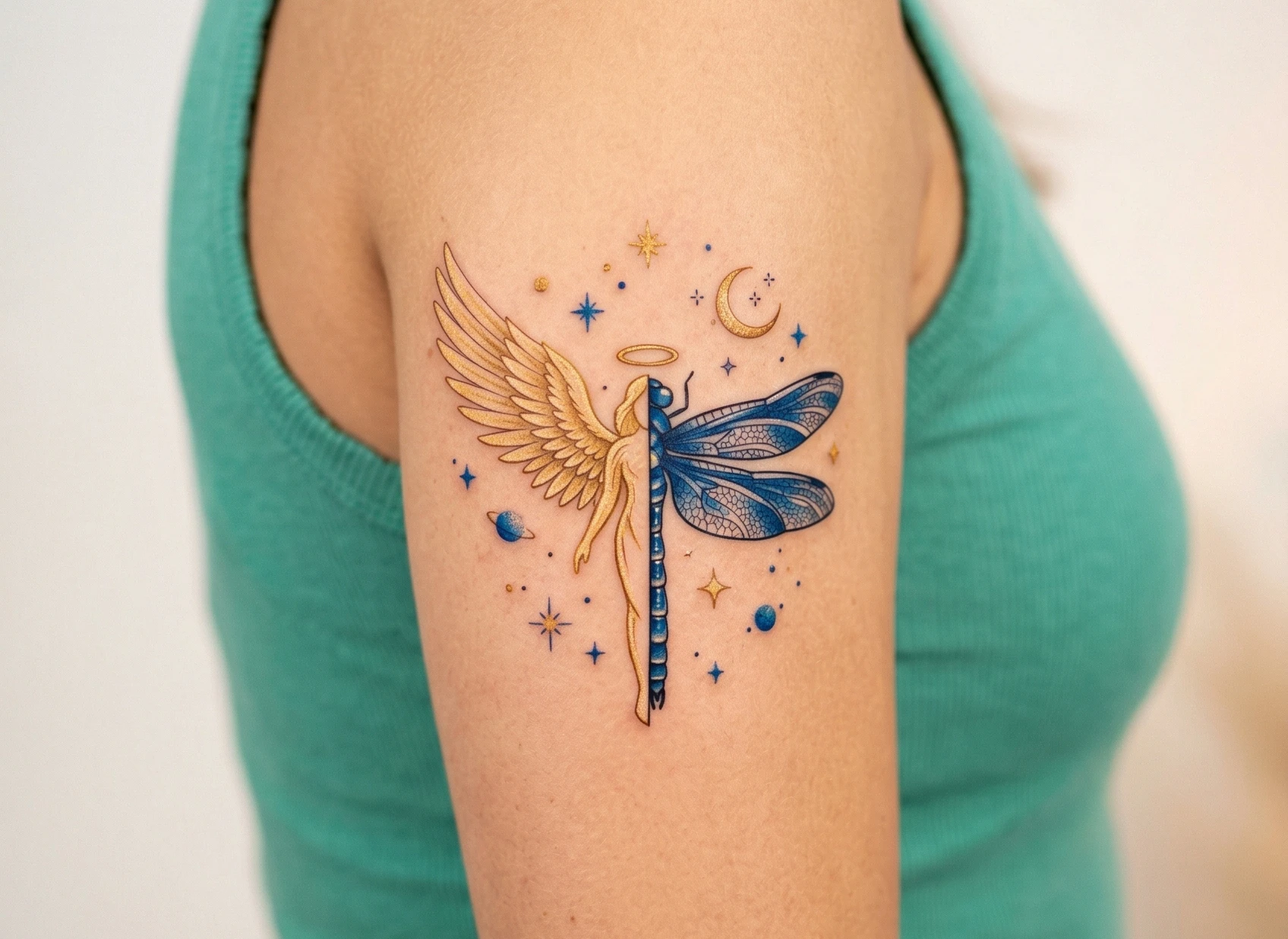 Half Dragonfly Half Angel Tattoo Designs