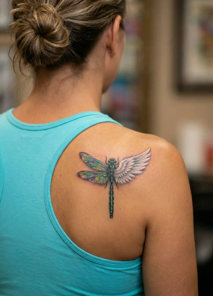 Half Dragonfly, Half Angel Wing on Shoulder