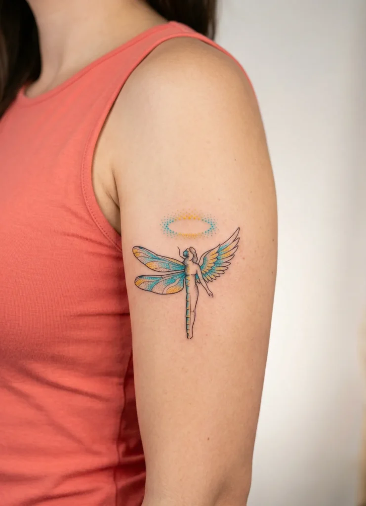 Half Dragonfly, Half Angel with Dotwork Halo