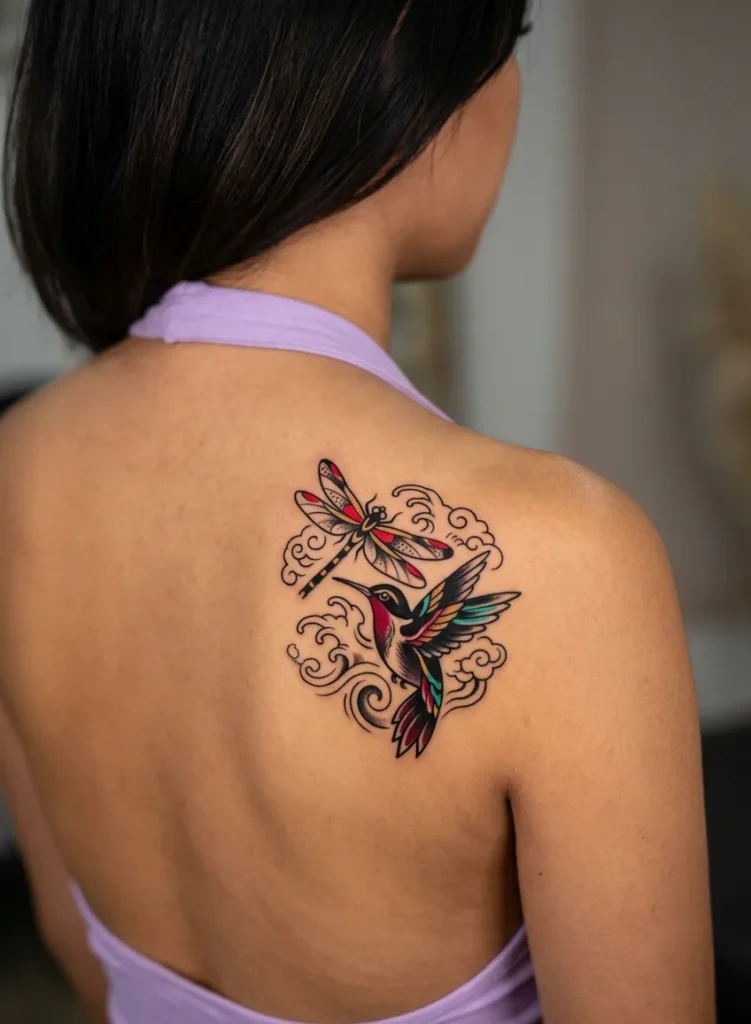 Japanese Inspired Dragonfly with Ink-Style Hummingbird