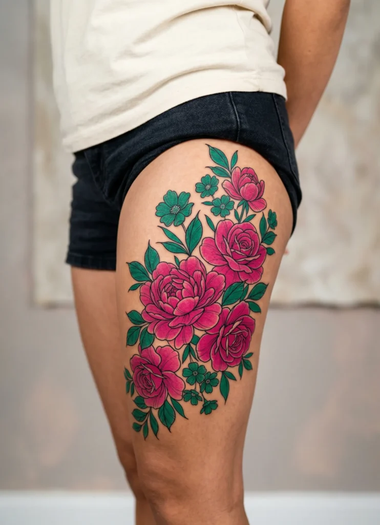 Large Floral Thigh Tattoo