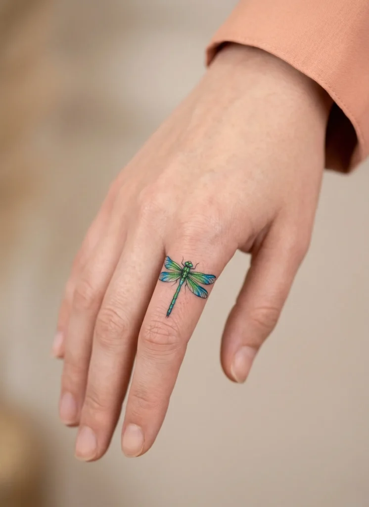 Lifelike Dragonfly on Finger Side