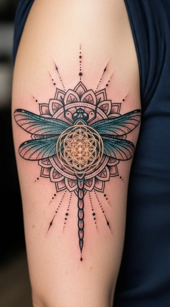 Mandala Dragonfly with Sacred Geometry Core