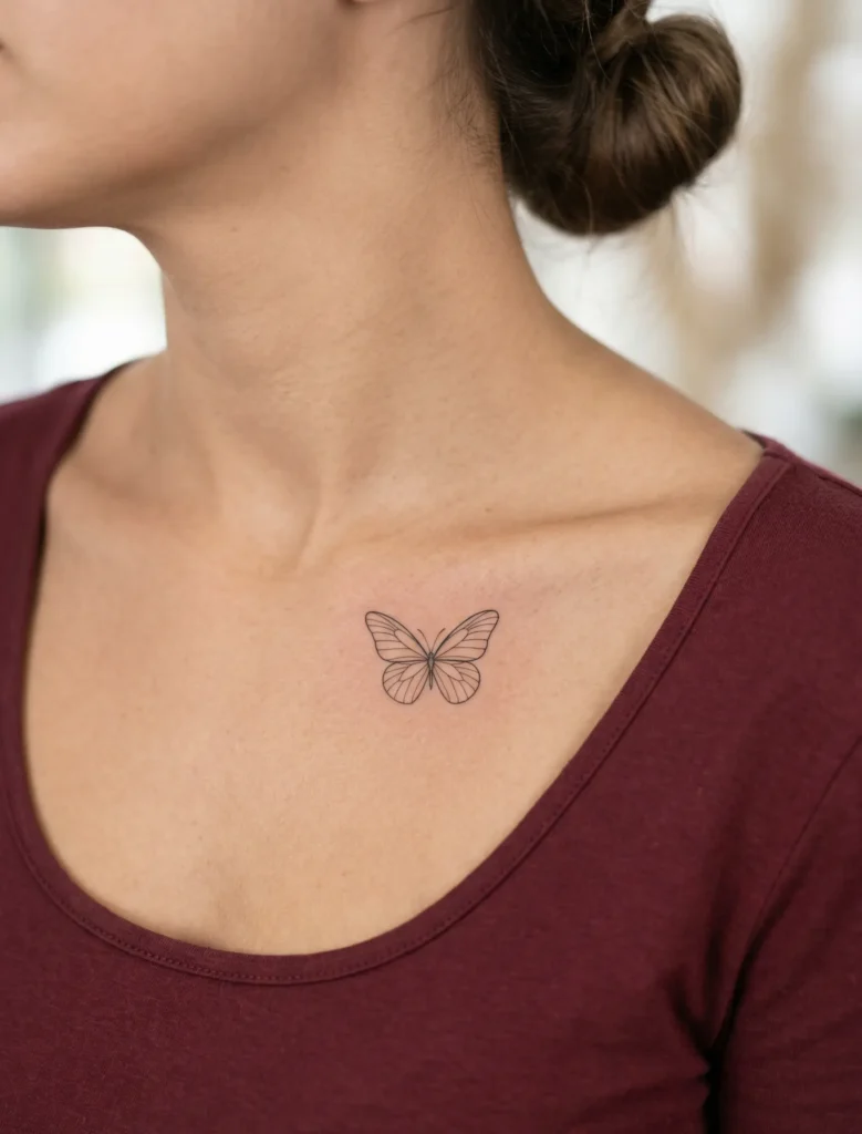 Minimal Butterfly Hidden Tattoo on Under Collarbone