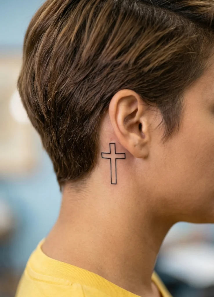 Minimal Cross Behind Ear Tattoo