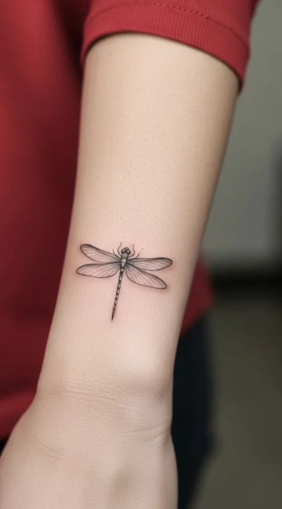 Minimal Dragonfly in Grey Ink on Wrist