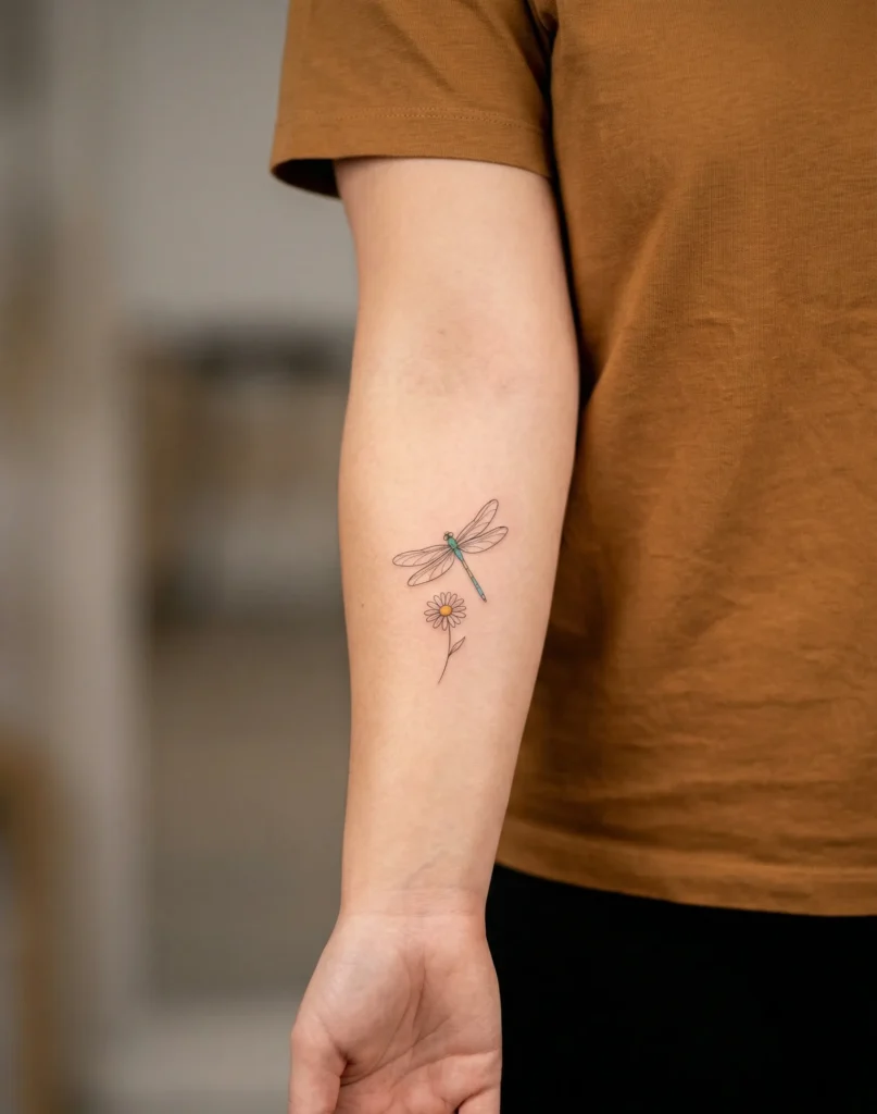 Minimal Dragonfly with Tiny Flower Detail