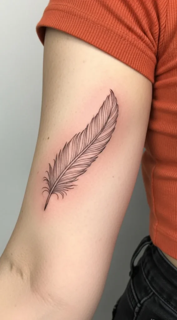 Minimal Fine Line Feather on Inner Bicep