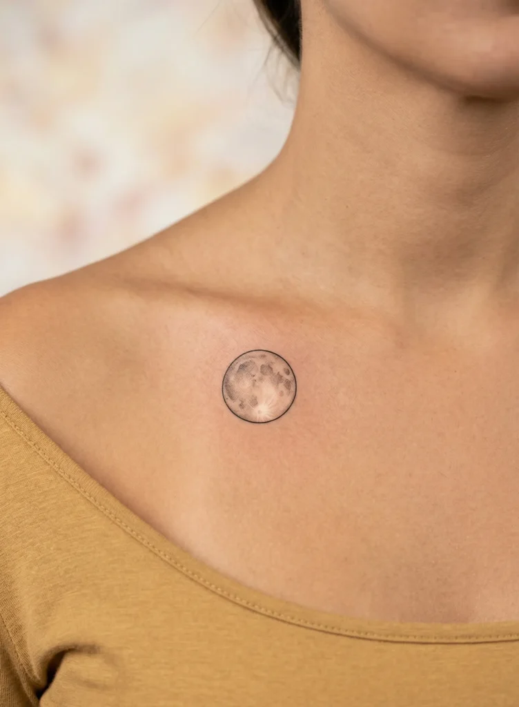 Minimal Full Moon Hidden Tattoo on Collarbone