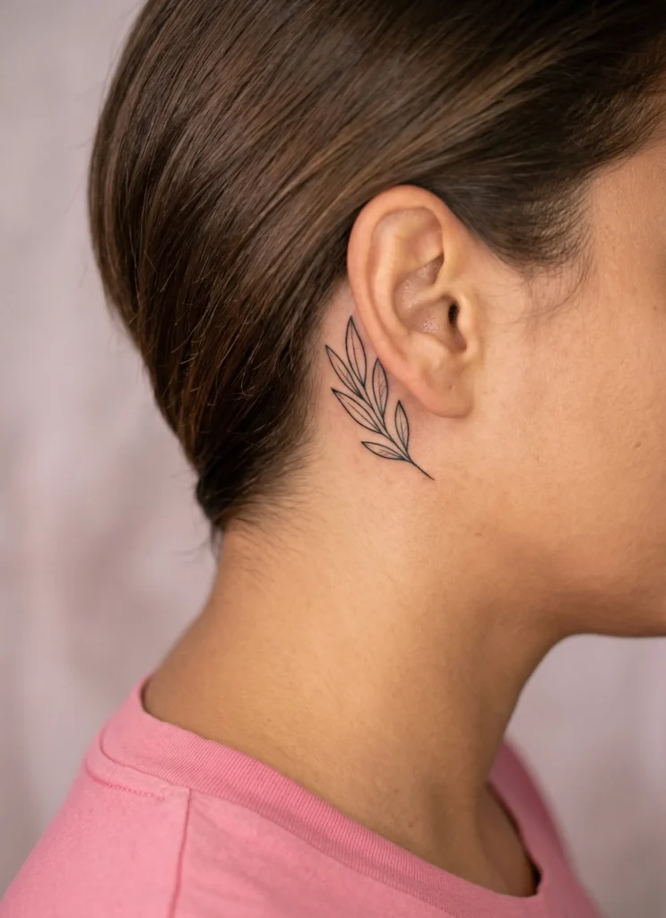 Minimal Leaf Behind Ear Tattoo