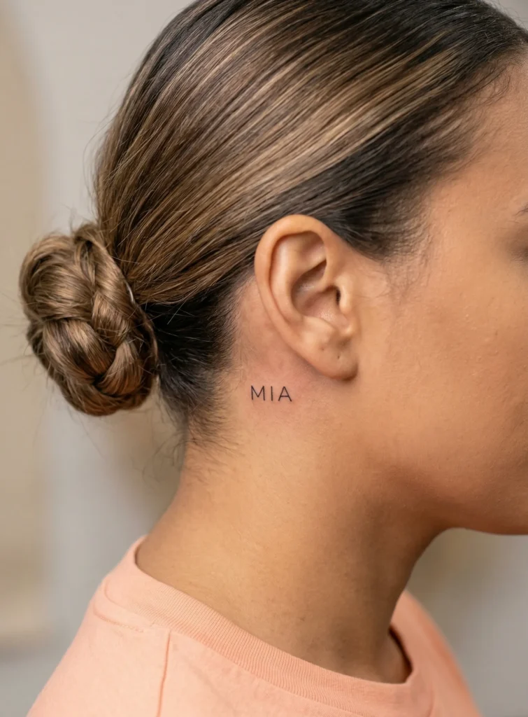 Minimal Name Hidden Tattoo Behind Ear