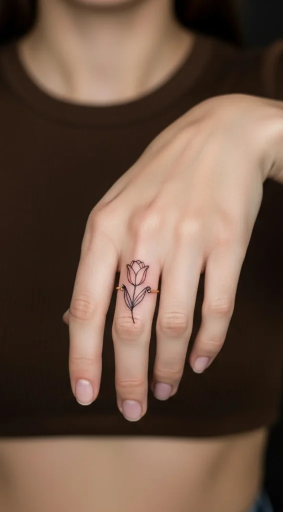 Minimal Tulip Hidden Tattoo on Finger Side