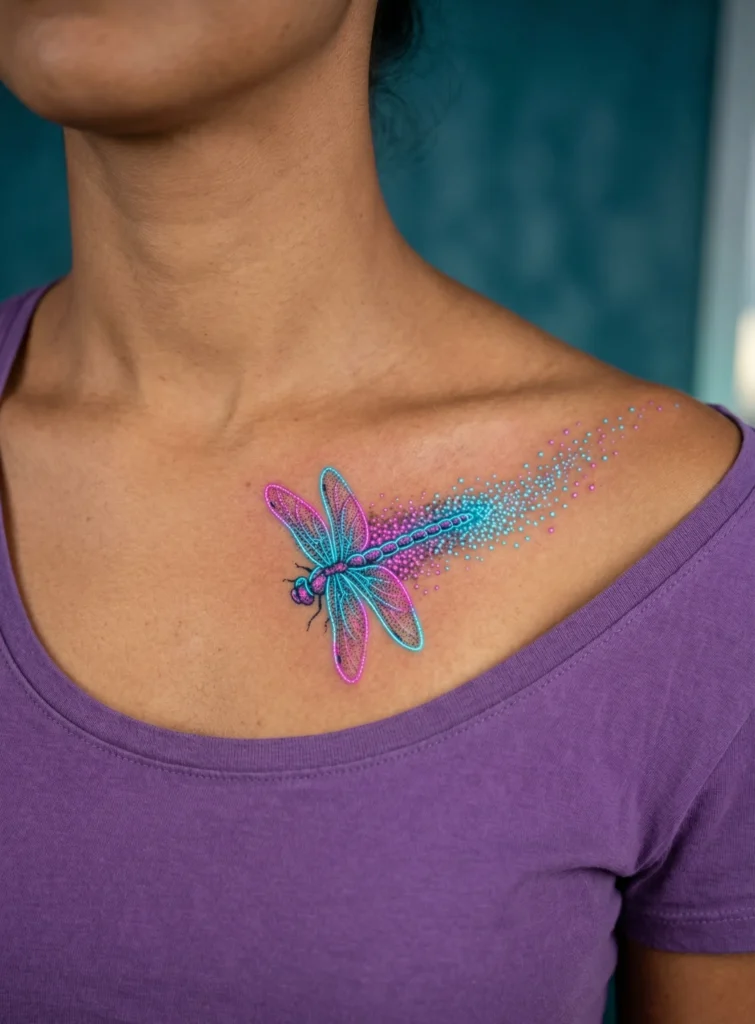 Neon Dragonfly with Glowing Dotwork Trail