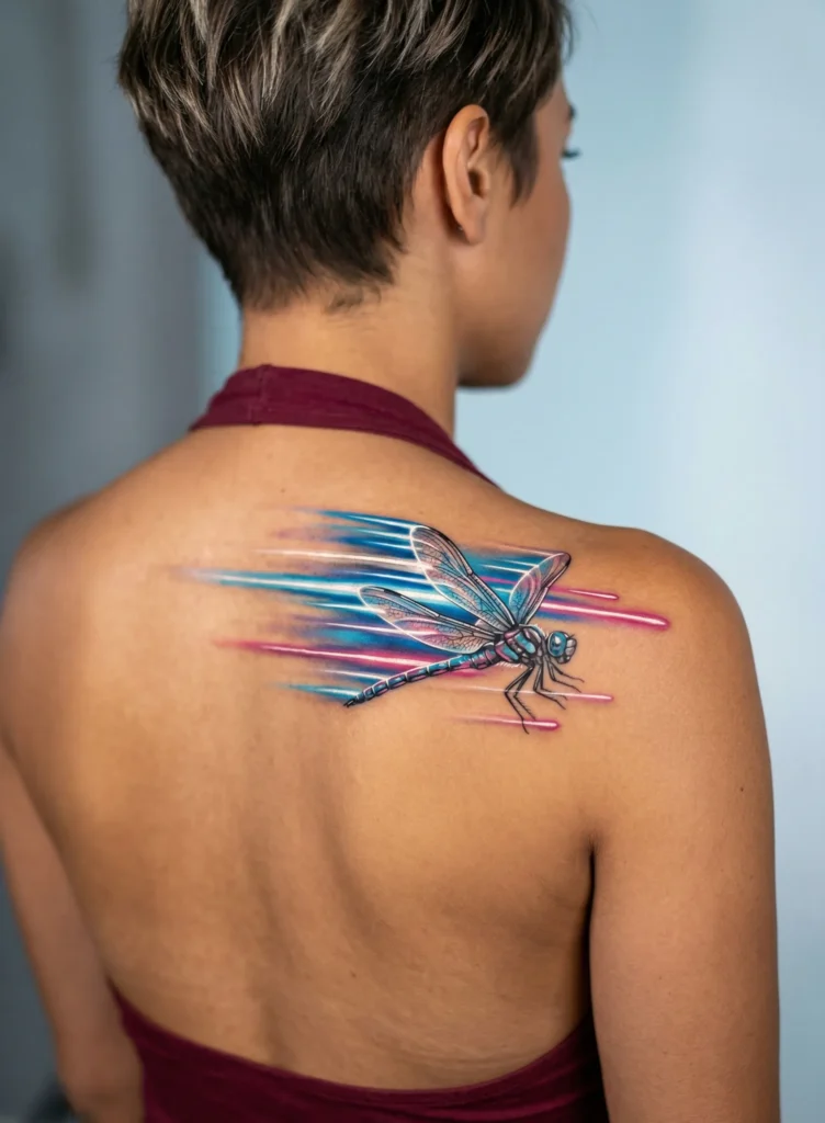 Neon Dragonfly with Light Streak Motion Effect