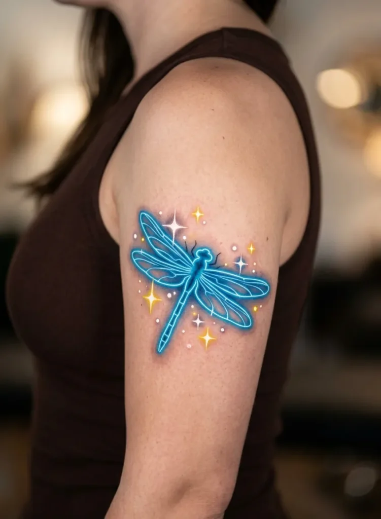 Neon Dragonfly with Spark Like Glow Accents
