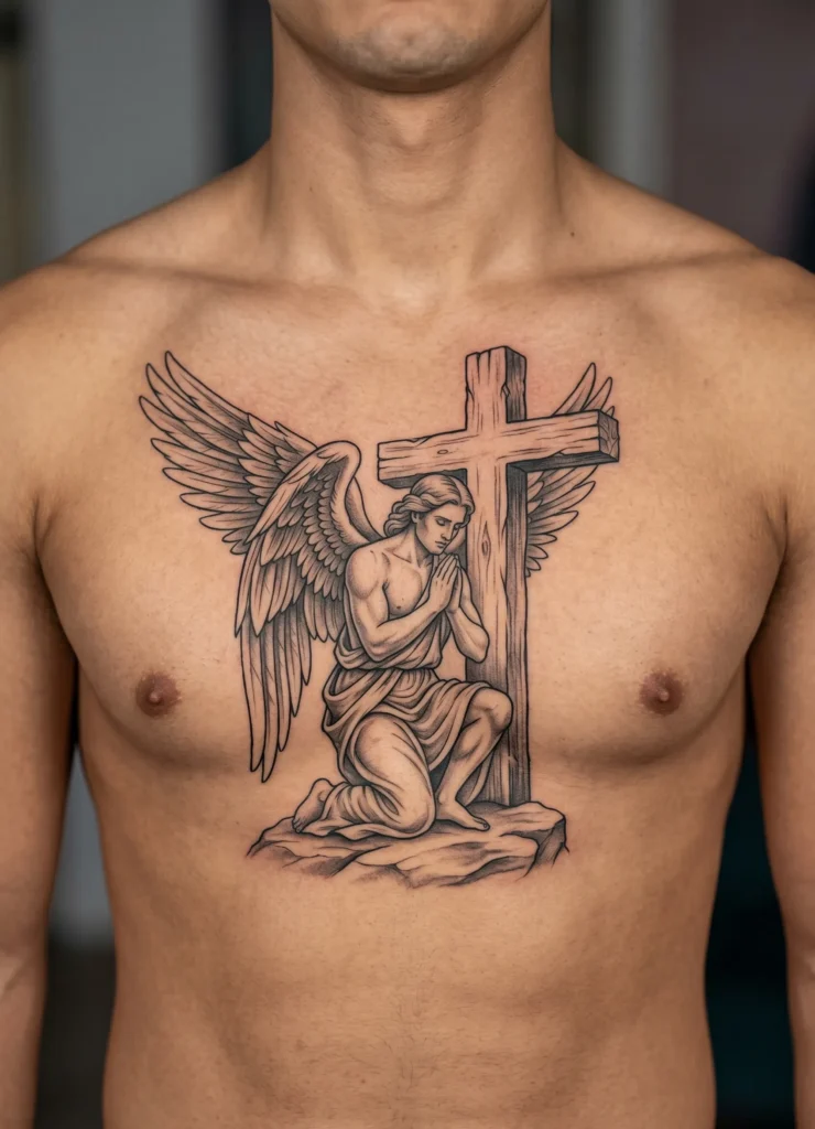 Praying Angel Before Cross