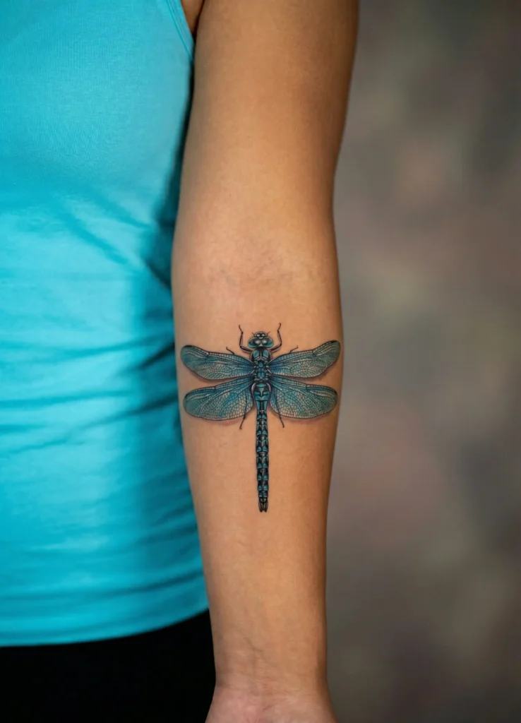 Realistic Dragonfly Forearm Tattoo with Detail