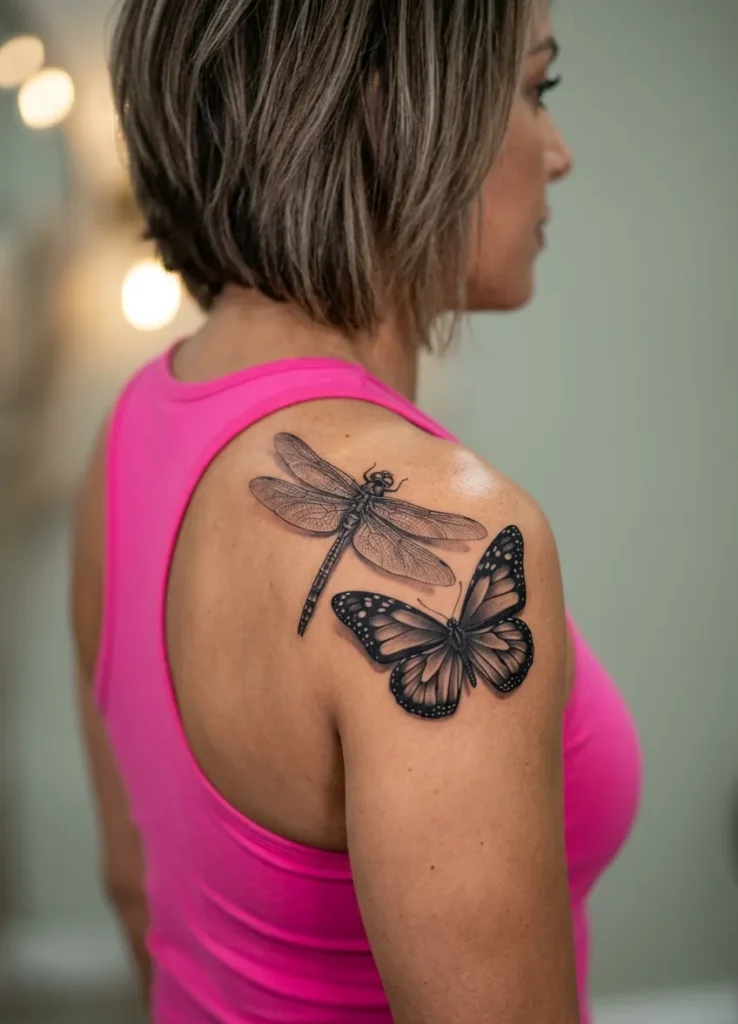 Realistic Dragonfly Paired with Butterfly