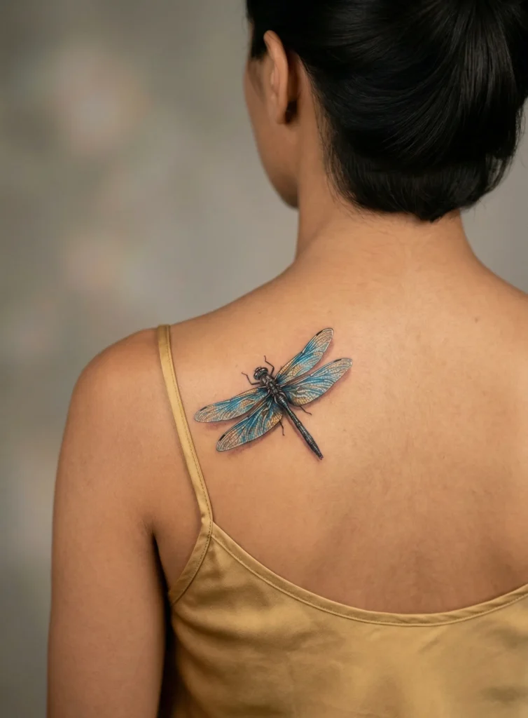 Realistic Dragonfly on Shoulder Blade