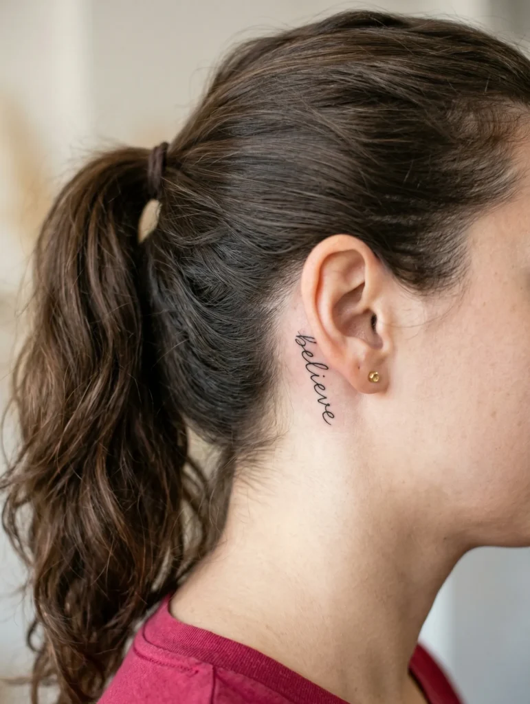 Single Word Behind Ear Tattoo