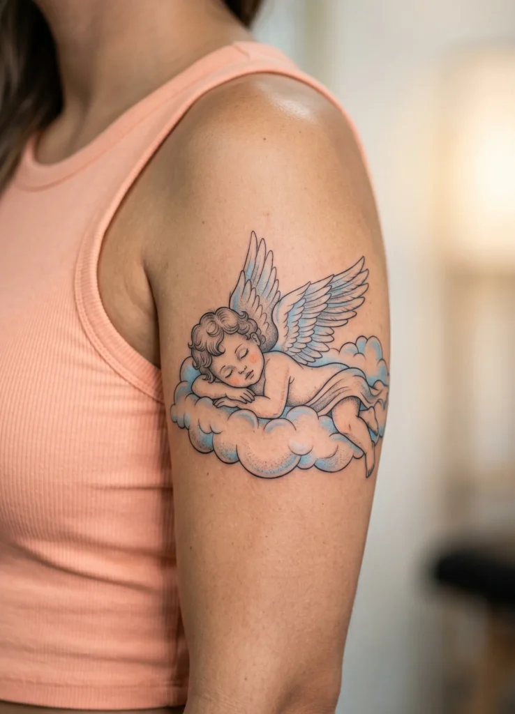 Sleeping Cherub on Cloud with Wings Spread