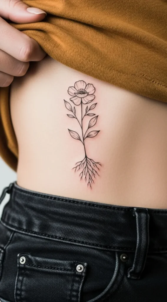 Small Botanical Line Hidden Tattoo on Waist