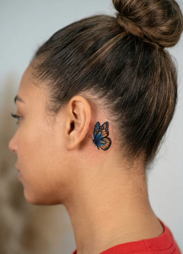 Small Butterfly Behind Ear Tattoo