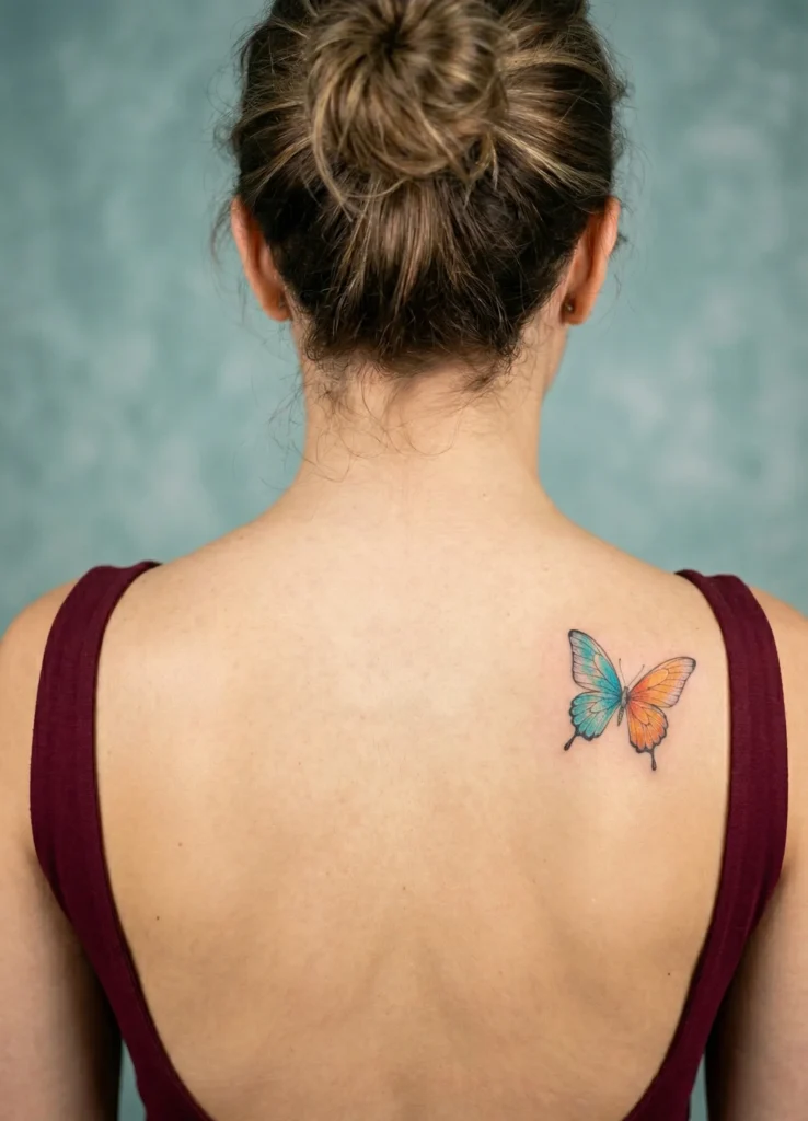 Small Butterfly Behind Shoulder Tattoo