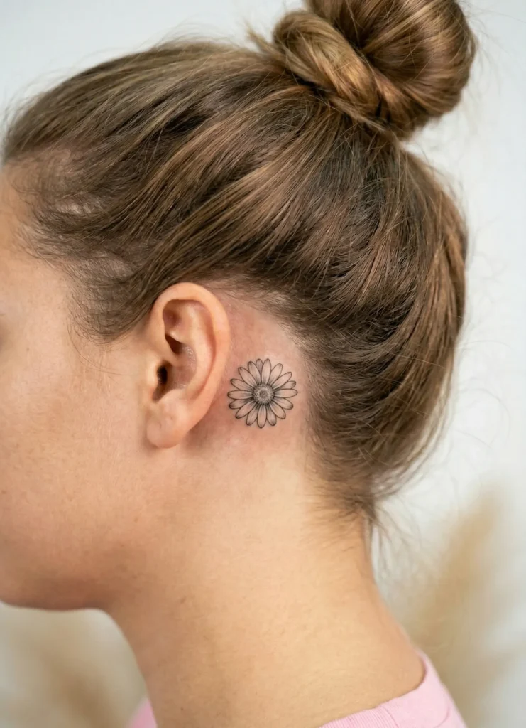 Small Daisy Hidden Tattoo Behind Ear