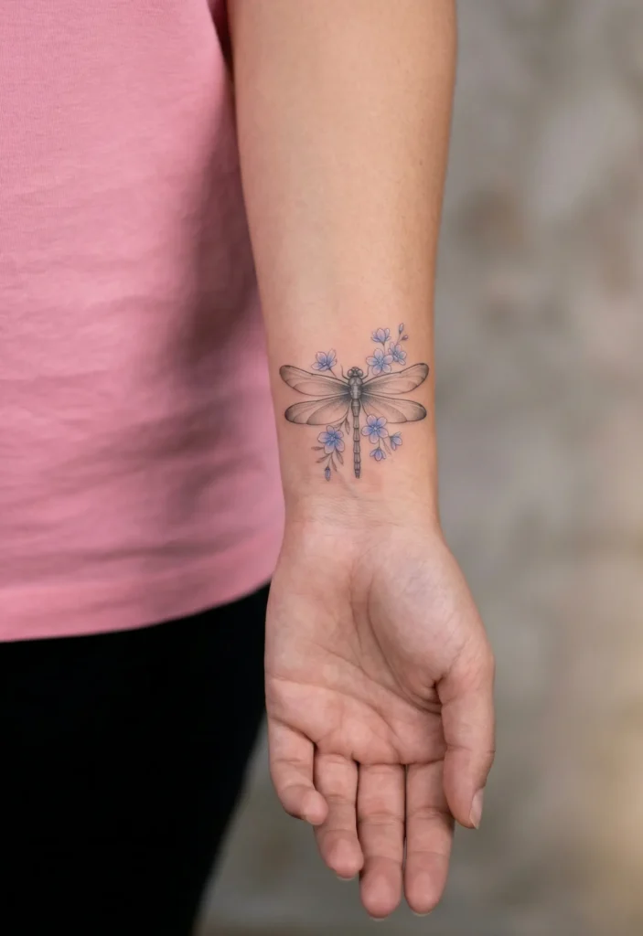 Small Dragonfly Wrist Tattoo with Soft Shading