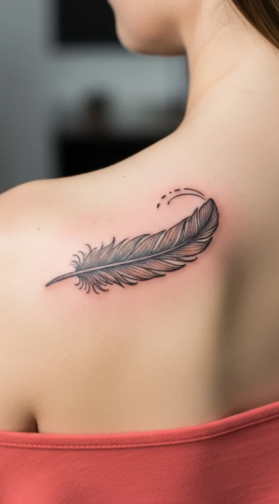 Small Feather on Back Shoulder Tattoo