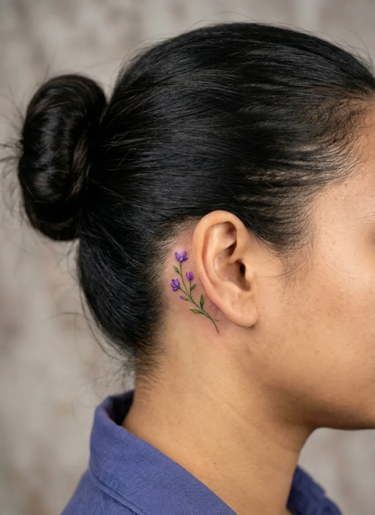 Small Flower Branch Hidden Tattoo Behind Ear