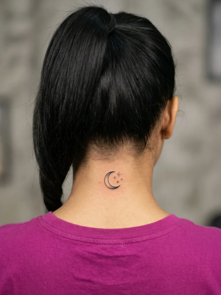 Small Moon Hidden Tattoo on Back of Neck