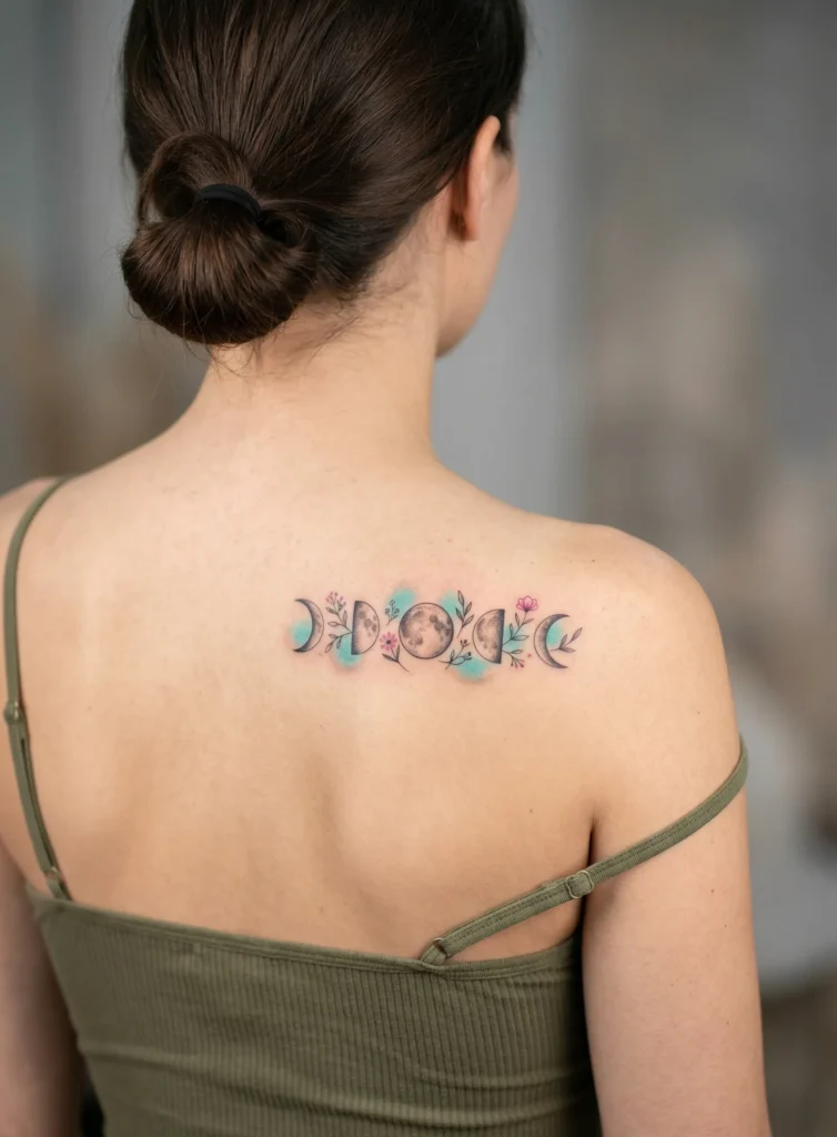 small Moon Phase Hidden Tattoo on Shoulder Blade