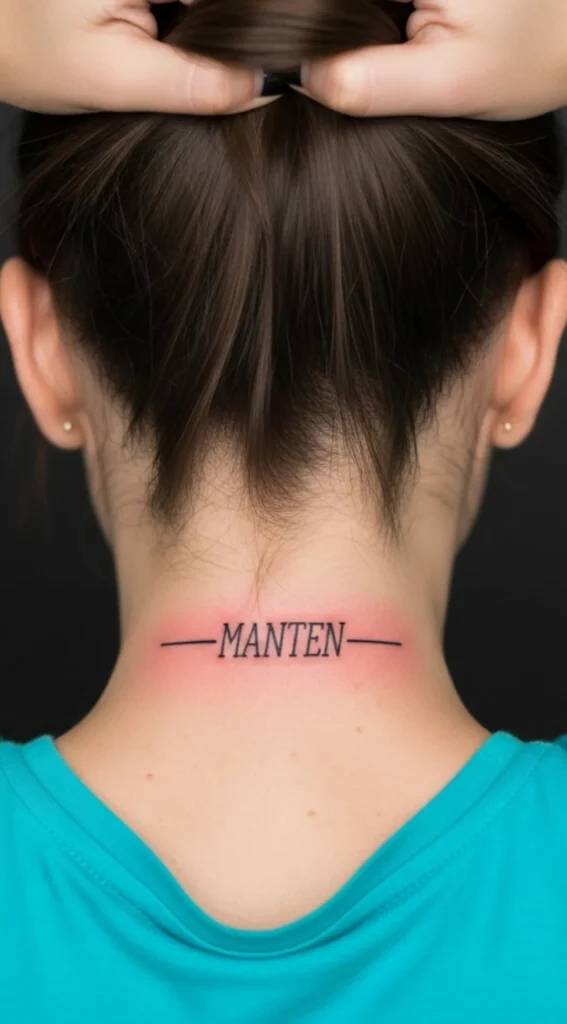 Small Name Hidden Tattoo on Back of Neck