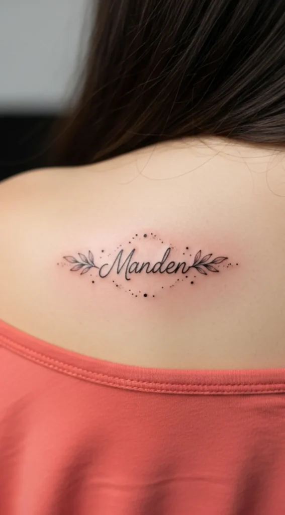 Small Name Hidden Tattoo on Shoulder Blade
