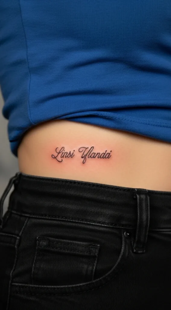 Small Name Hidden Tattoo on Upper Hip