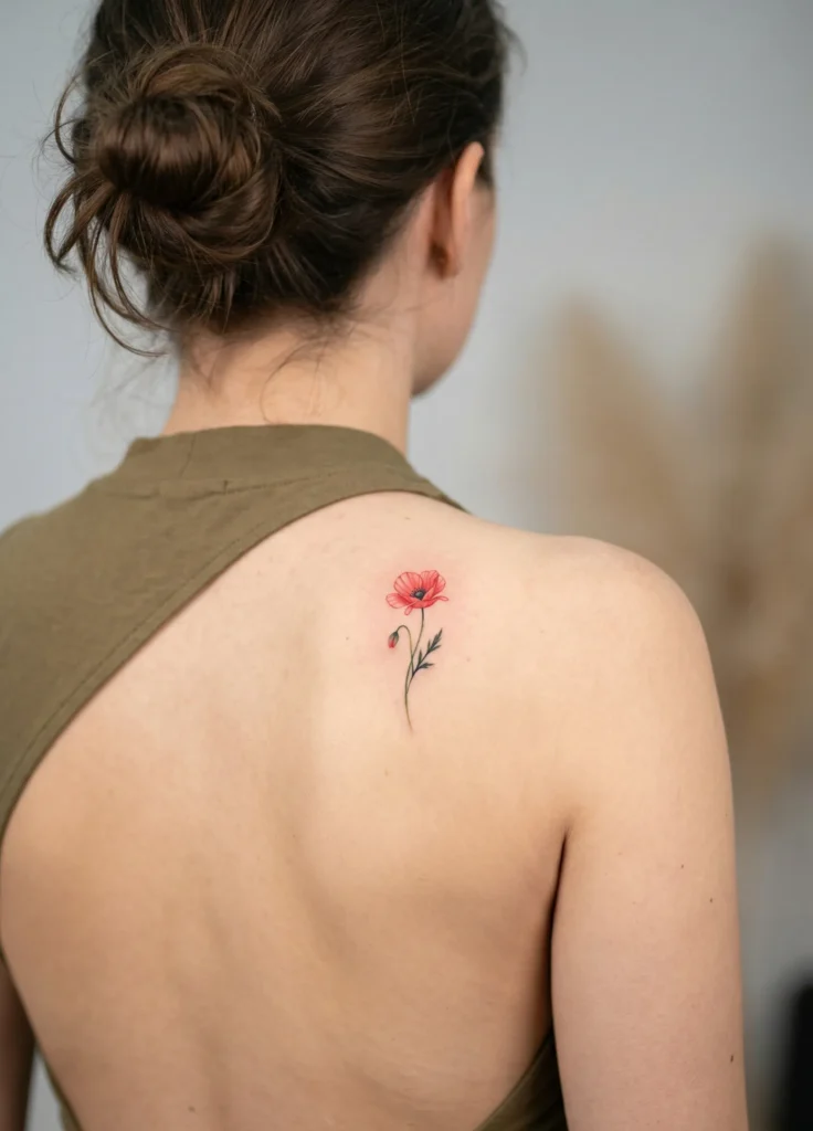 Small Poppy Hidden Tattoo on Shoulder Blade