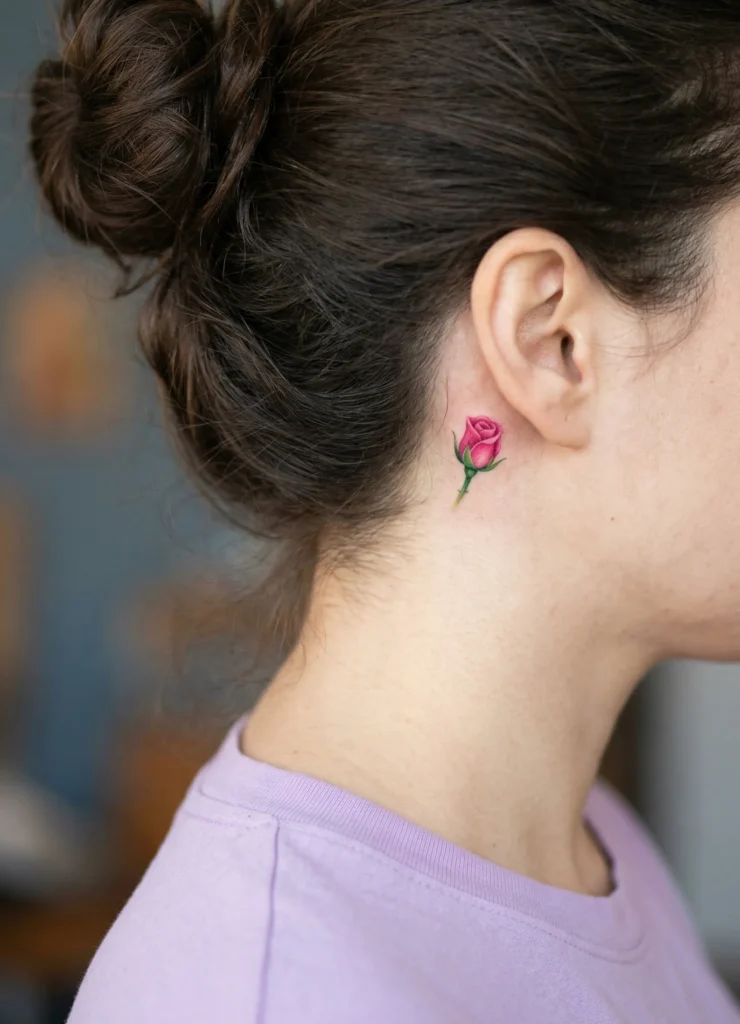 Small Rosebud Hidden Tattoo Behind Ear
