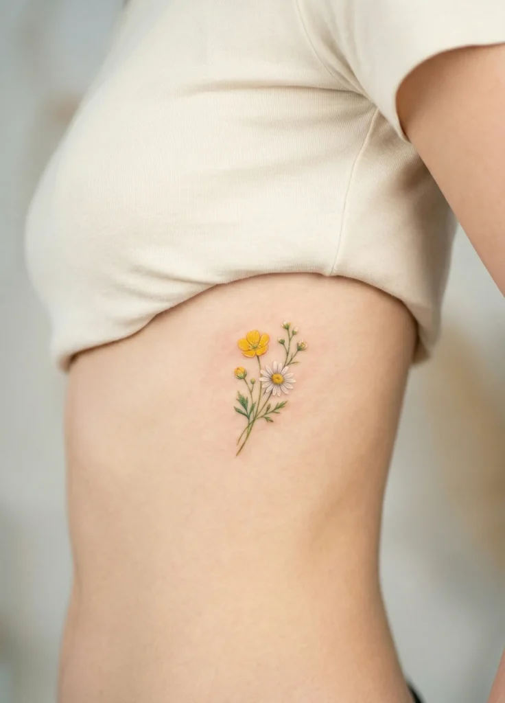 Small Wildflower Hidden Tattoo on Side Waist