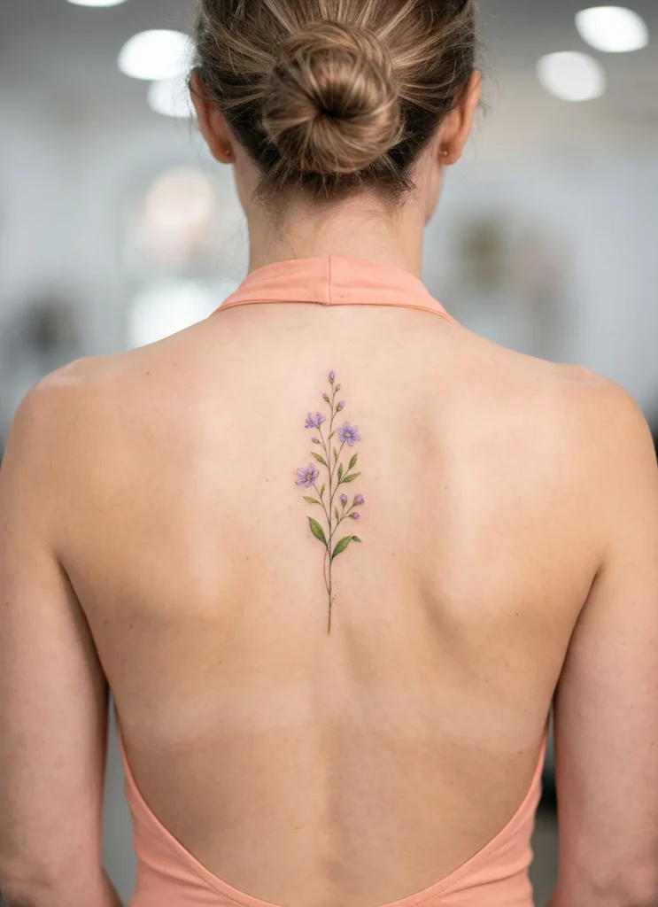 Small Wildflower Sprig Hidden Tattoo on Spine