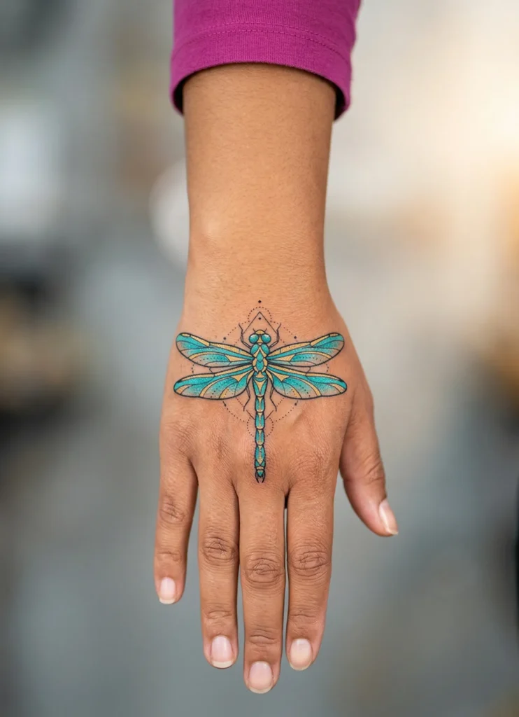 Symmetrical Dragonfly Centered on Hand